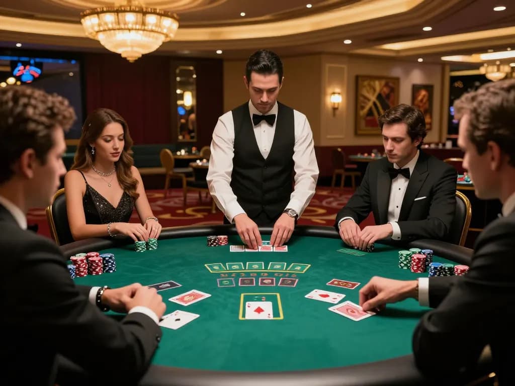 Players strategizing at vivu88 blackjack table in a Las Vegas casino under warm lighting