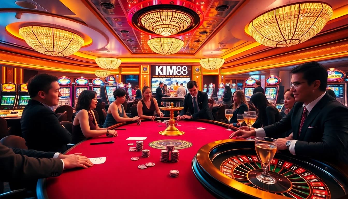 KIM88 players enjoying an exciting game at a luxury casino table with vibrant poker chips.