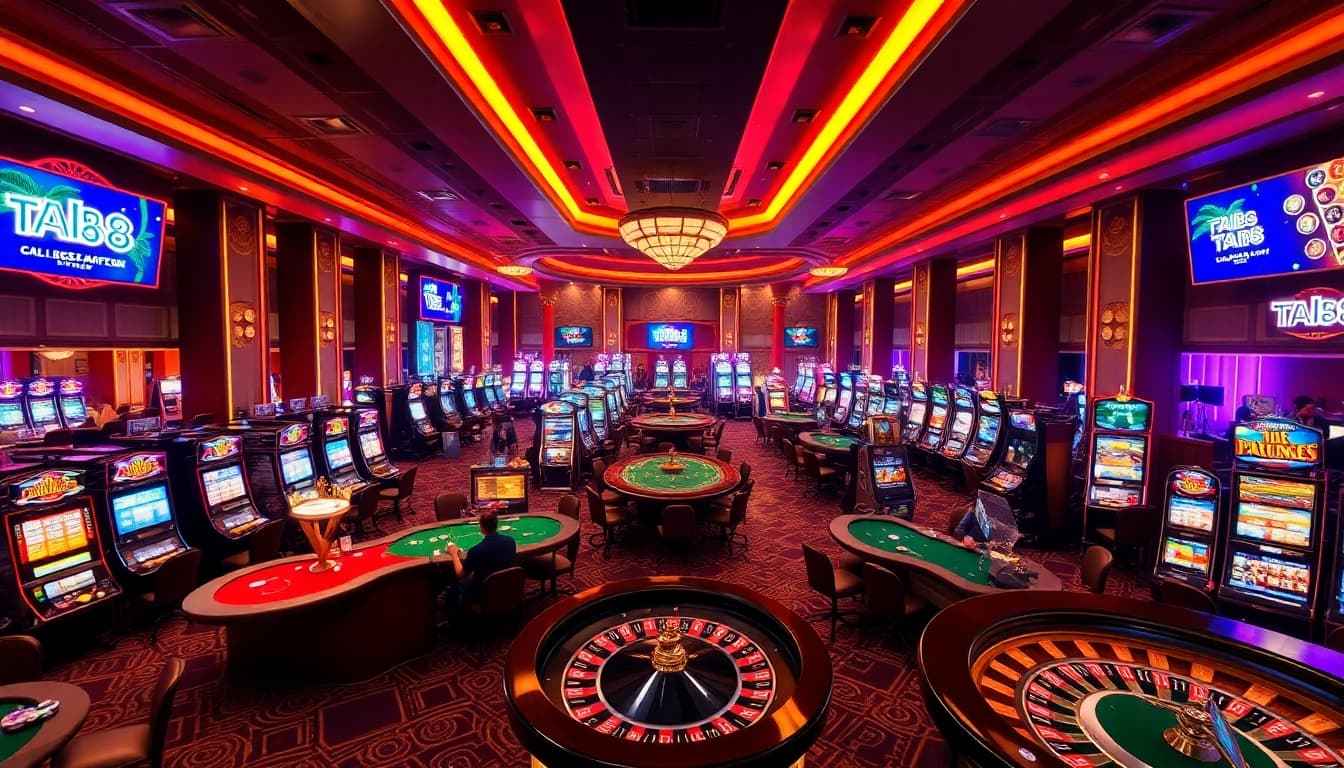 Experience the thrill of gameplay with TR88 Autos, showcasing vibrant casino tables and excited gamblers.