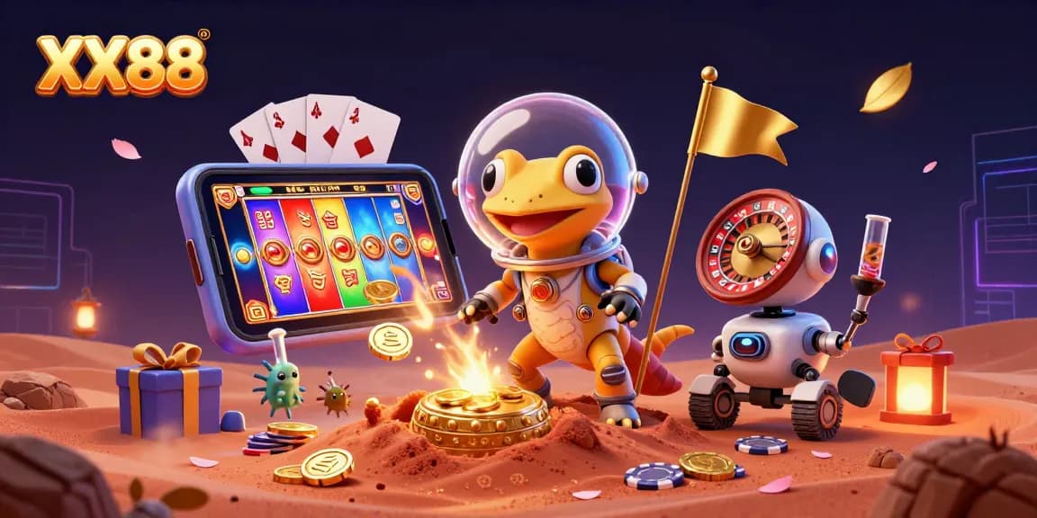 Immerse in the XX88 gaming experience with a lively Martian gecko amidst casino excitement.