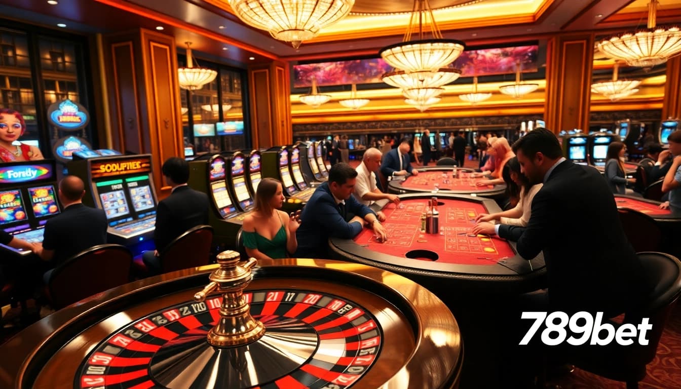 Players enjoying games at a vibrant casino table, highlighting 789bet in an exciting atmosphere.