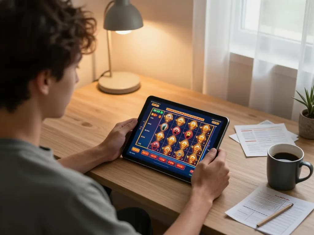 Engaged player exploring situs slot gacor on tablet, enjoying a strategic online gaming session.