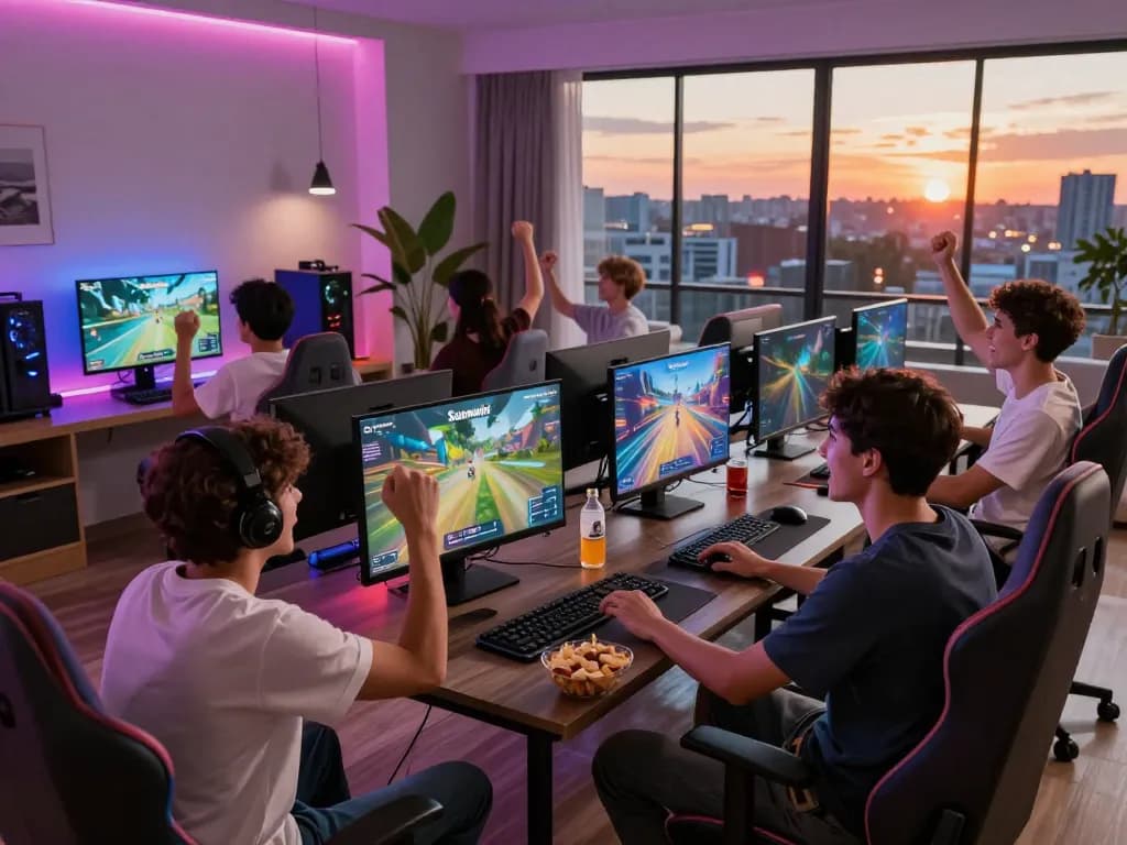 Exciting group of friends enjoying the Sunwin online gaming platform in a vibrant home setting