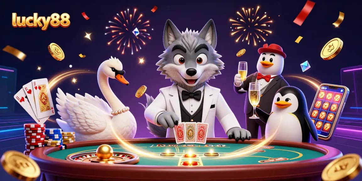 Try your luck at lucky88 with a vibrant 3D casino scene full of animated characters and rich game elements.