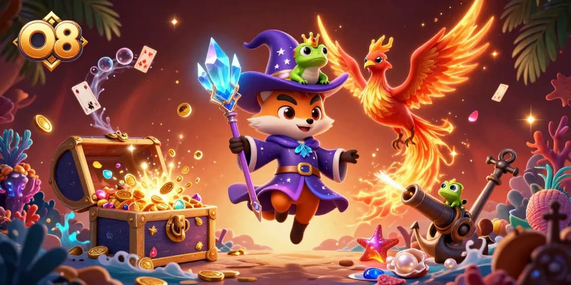 Engage in thrilling gameplay at O8 with a magical wizard fox, phoenix, and enchanting treasures.