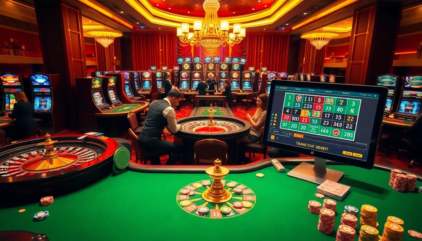 An engaging casino scene at trang chủ debet with vibrant tables, roulette wheel, and professional dealers.