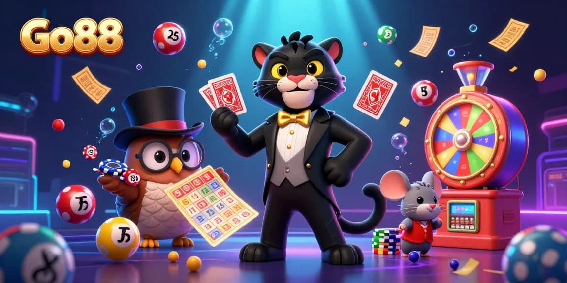 Go88 features a stylish panther and friends dealing cards in a vibrant casino scene.