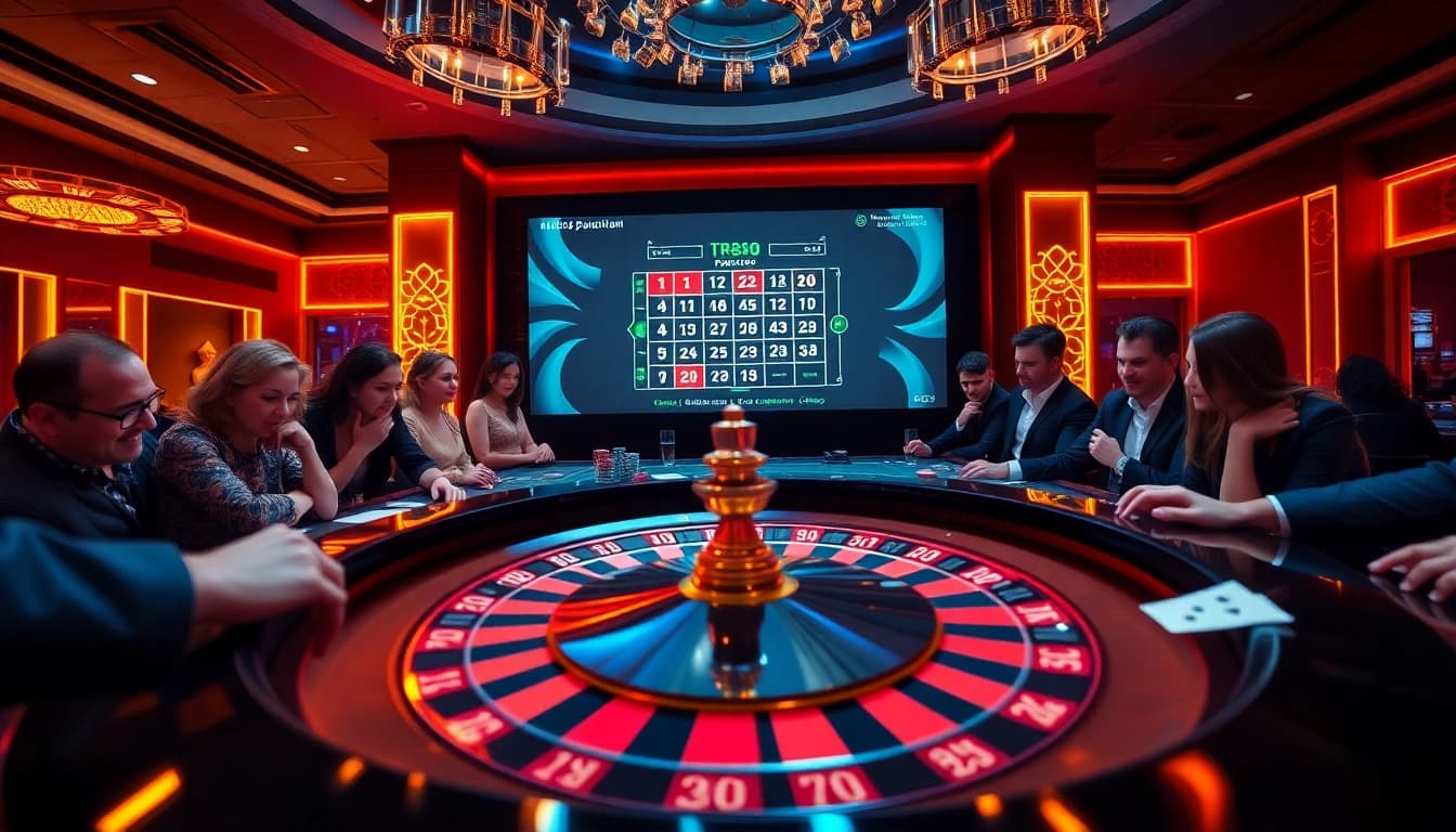 Excited players engage with the tr88 app at a luxurious roulette table.