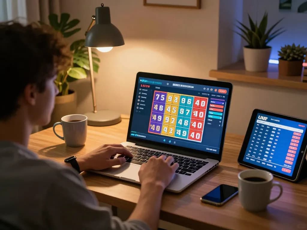 Engaged player checking 9 Lotto 4D results on laptop in a cozy home setting.
