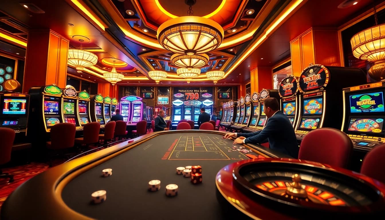 Players enjoying an exciting poker game at 789bet, showcasing vibrant casino elements.