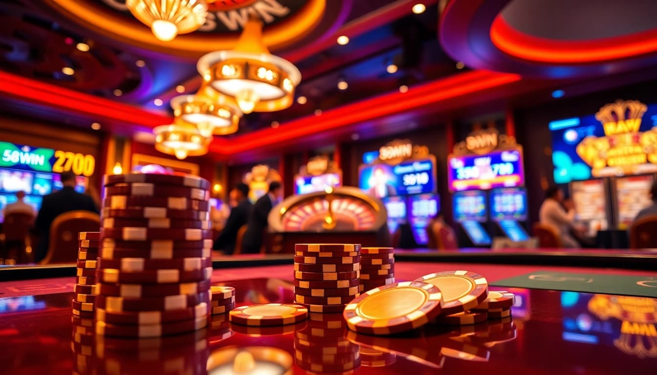 Experience the thrilling atmosphere of 58win with vibrant casino tables and excited players.