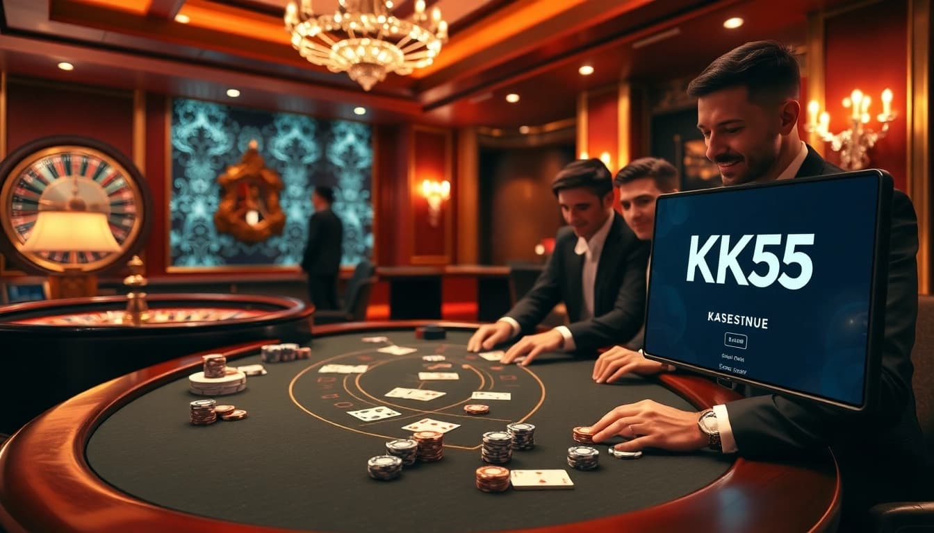Experience the excitement of KK55 with players enjoying blackjack and roulette in a luxurious casino setup.