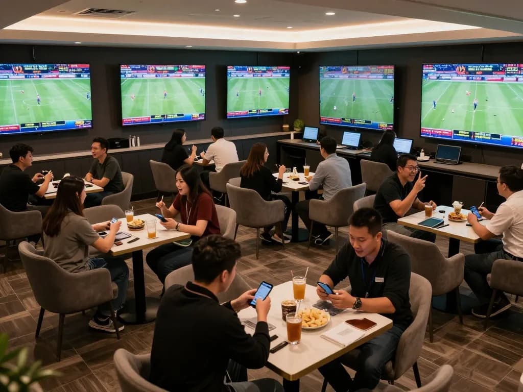 Engaged sports betting participants using https://tip88.locker/ app during live game action in a vibrant lounge environment.