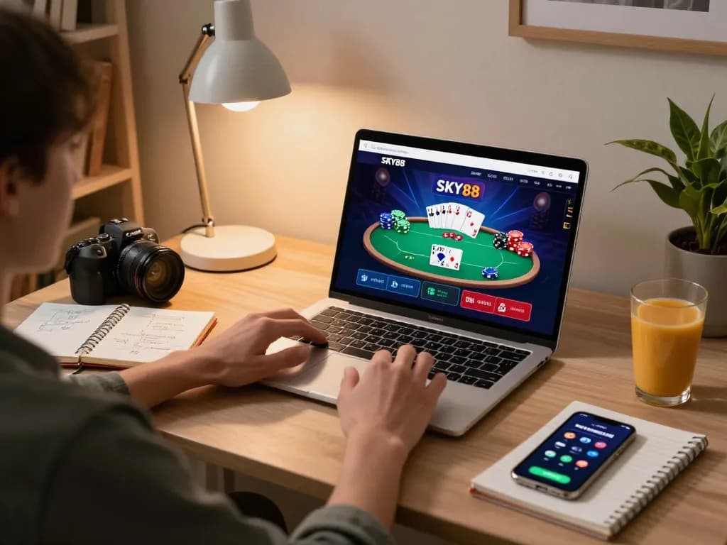 Enjoying a thrilling poker game on SKY88 com from a cozy home setup with strategic notes and a smartphone.