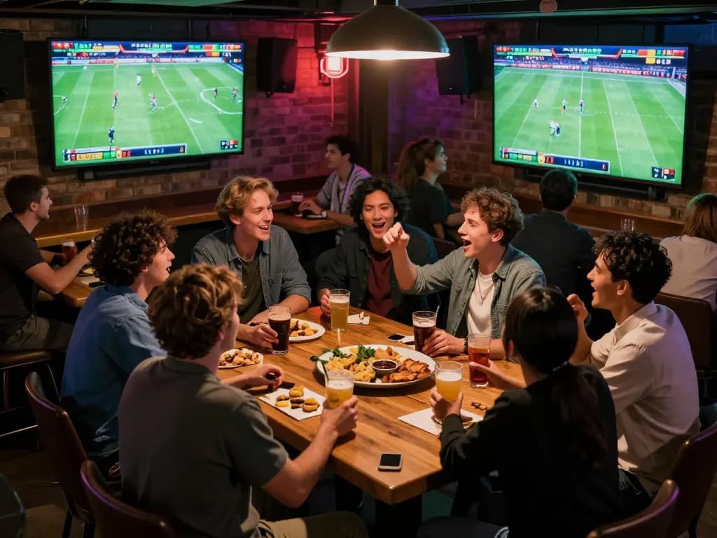 Excitement builds as friends cheer for kết quả bóng đá during a live match viewing party.
