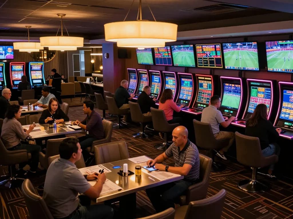 Patrons placing bets on the ta88 sports betting platform in a vibrant casino setting