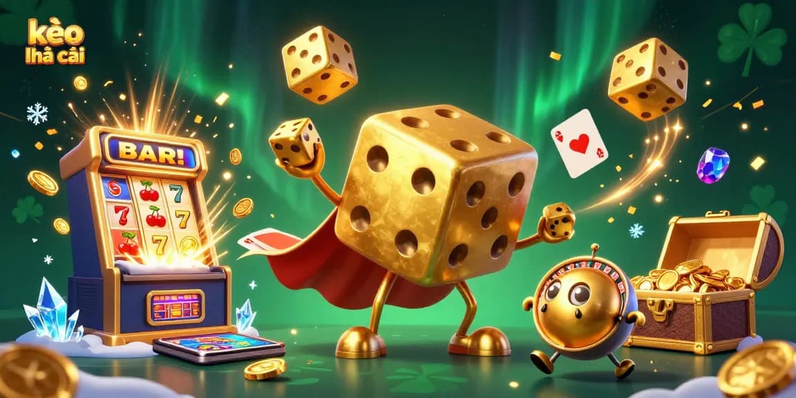 Engaging visual of kèo nhà cái with vibrant casino elements featuring dynamic dice golem and slot machine.