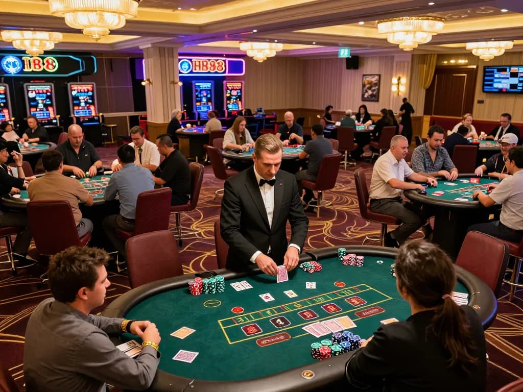 Players strategizing at HB88 blackjack tables in a vibrant casino environment filled with energy.