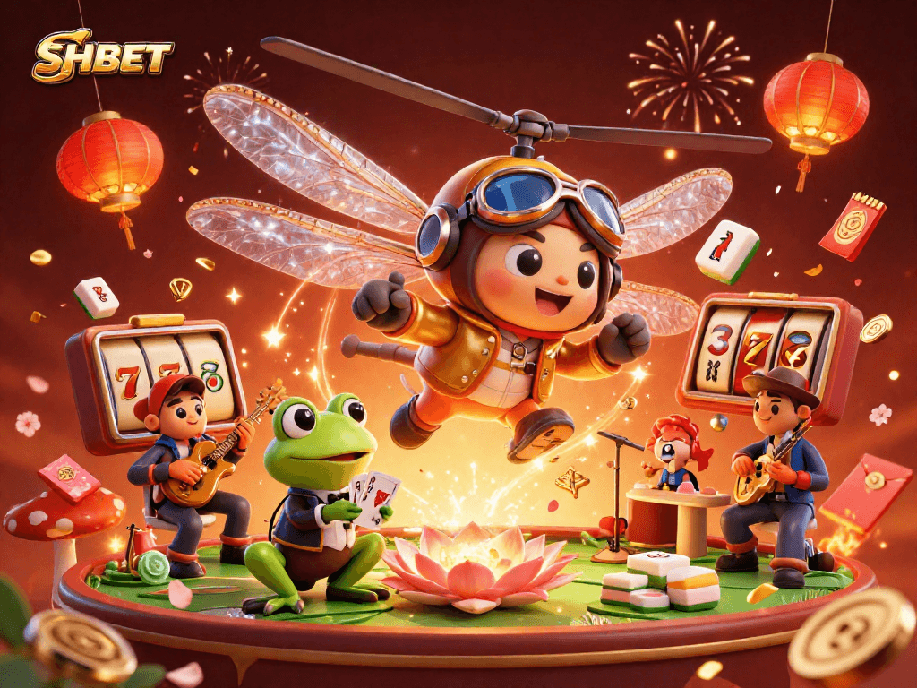Engage with SHBET's exciting slot reels and vibrant casino atmosphere in this dynamic illustration.