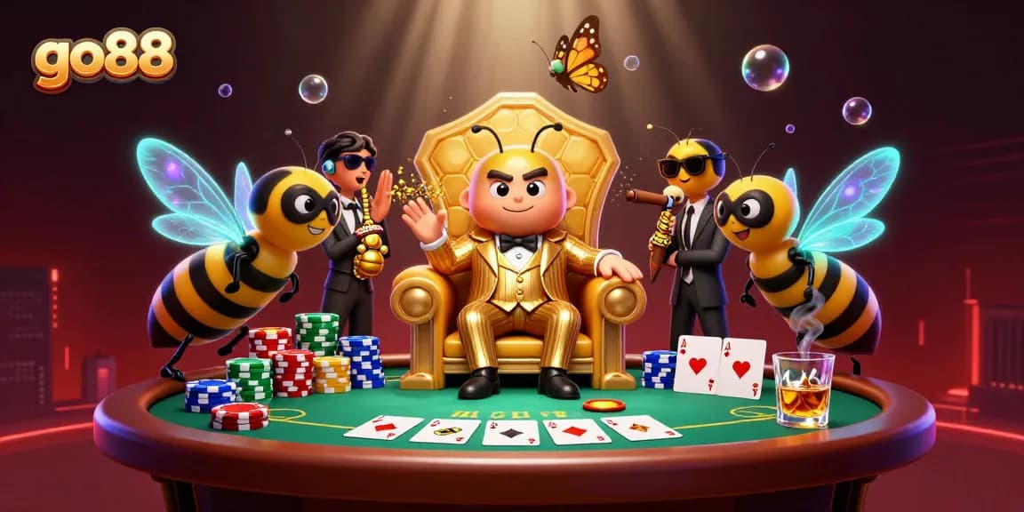 Experience excitement at go88 with a vibrant casino scene featuring a mob boss and poker elements.