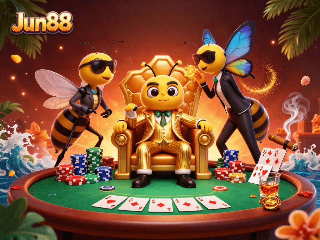 Experience high-stakes poker with Jun88’s vibrant casino scene, featuring a bold bumblebee mob boss.