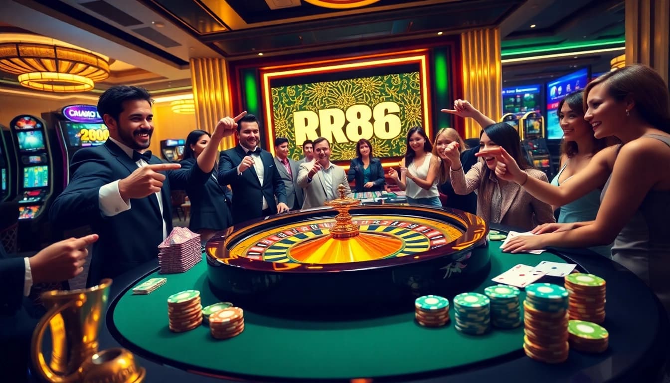 RR88 players celebrating their wins at a vibrant roulette table in an exciting casino scene.