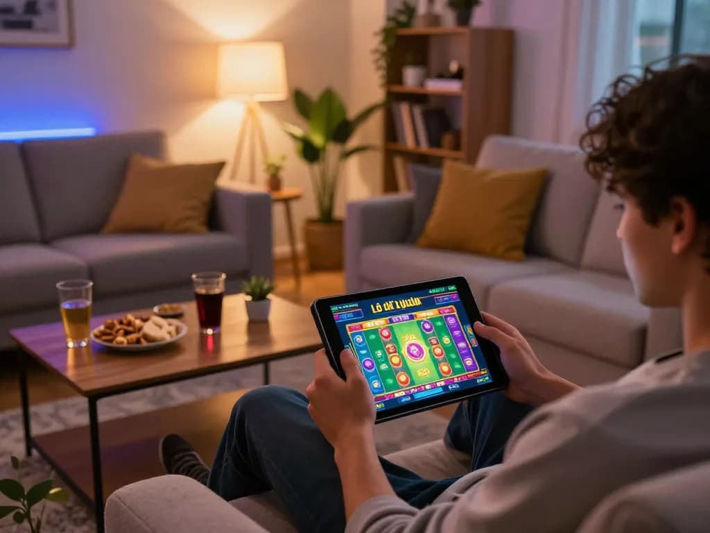 Lô Đề Uy Tín gameplay displayed on a tablet in a cozy home gaming setup.