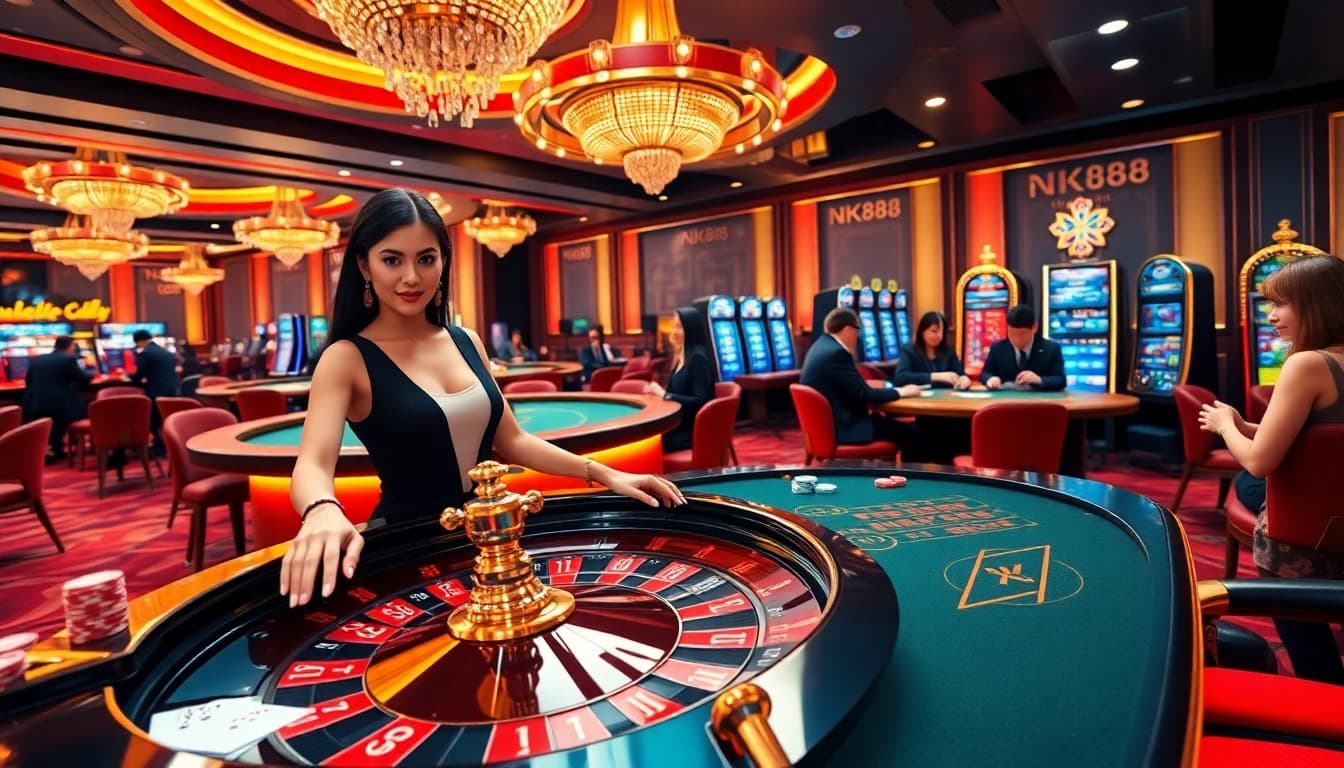 Players engaging at the NK88 online casino table, showcasing excitement and vibrant atmosphere.