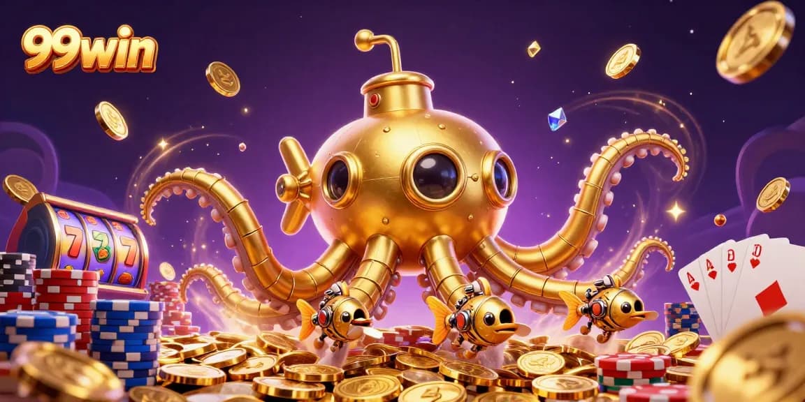 99win showcases thrilling slots action with a kraken submarine in a vibrant casino world of gold.