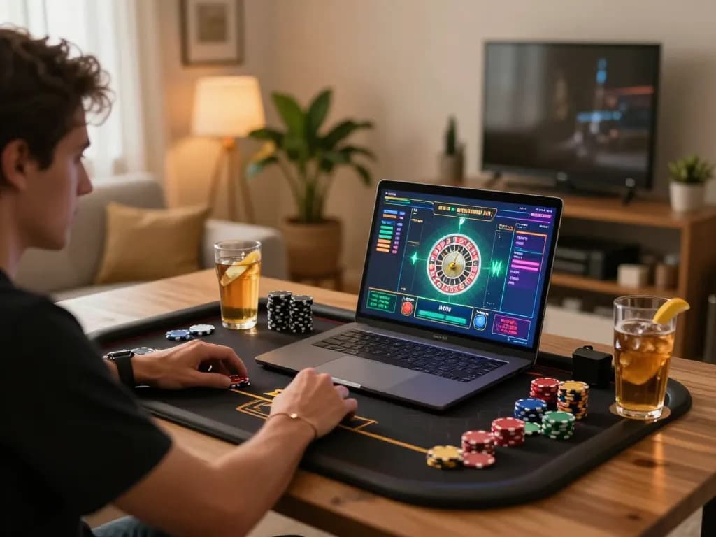 Engaging in live roulette at home using the GO8 online gaming platform, showcasing modern setup and cozy atmosphere.