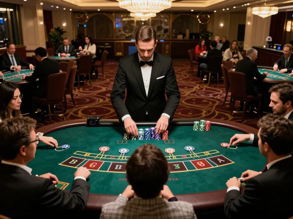 LUCK8 players engaged in high-stakes Baccarat game at upscale casino with stylish decor