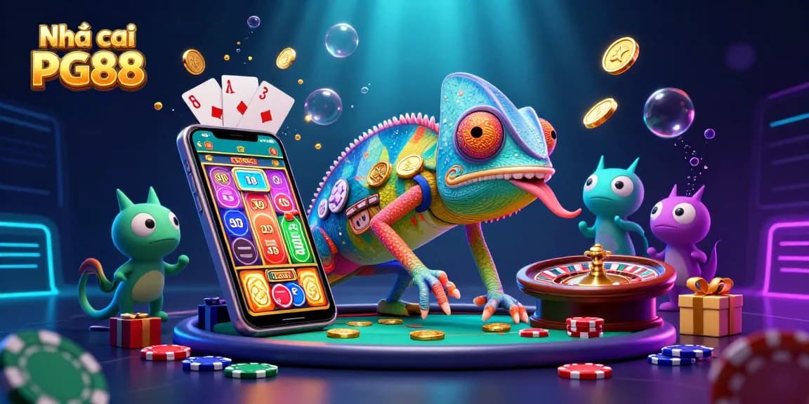 Engage with Nhà cái PG88 through an exciting 3D casino illustration showcasing vibrant game elements and a colorful chameleon theme.
