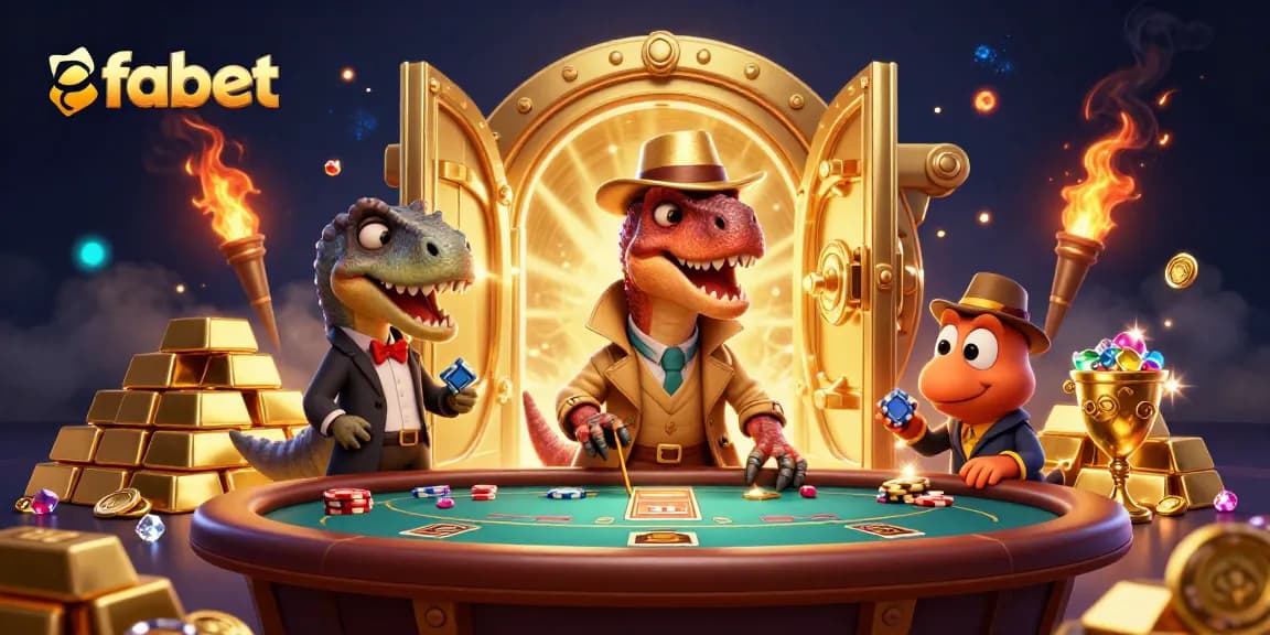 Experience thrilling action at fabet with a velociraptor card counter and a treasure-filled casino scene.