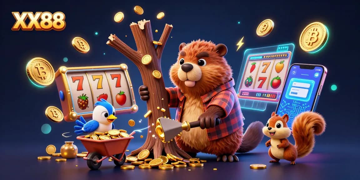 Engage in thrilling slot adventures with XX88 as a cartoon lumberjack beaver rains golden coins amidst crypto elements.
