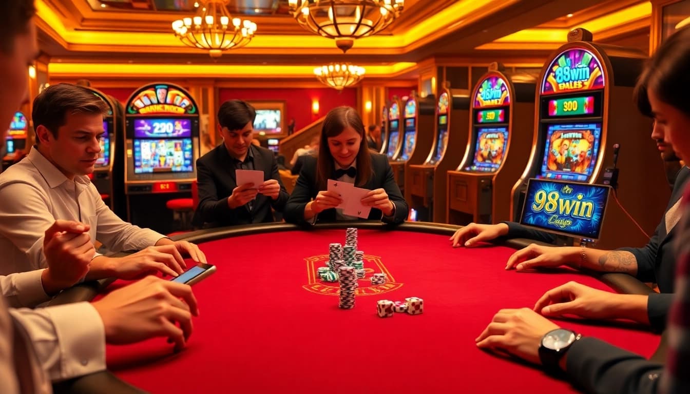 Engaging players enjoying the game 98win at an elegant blackjack table in a vibrant casino setting.