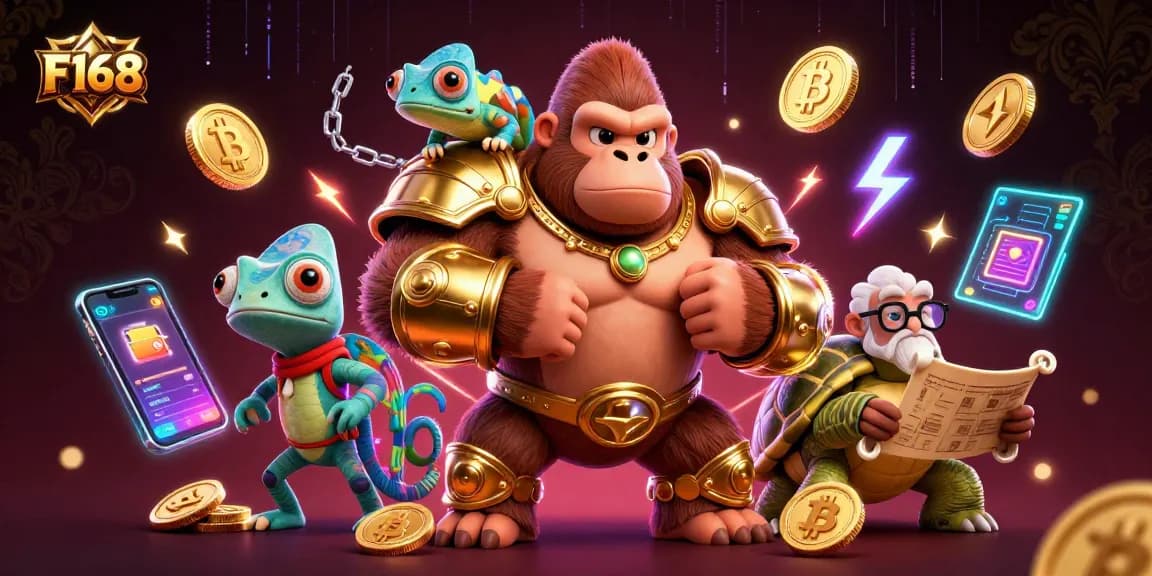 F168 gorilla king and companions navigating thrilling gambling scenes in an engaging illustration.