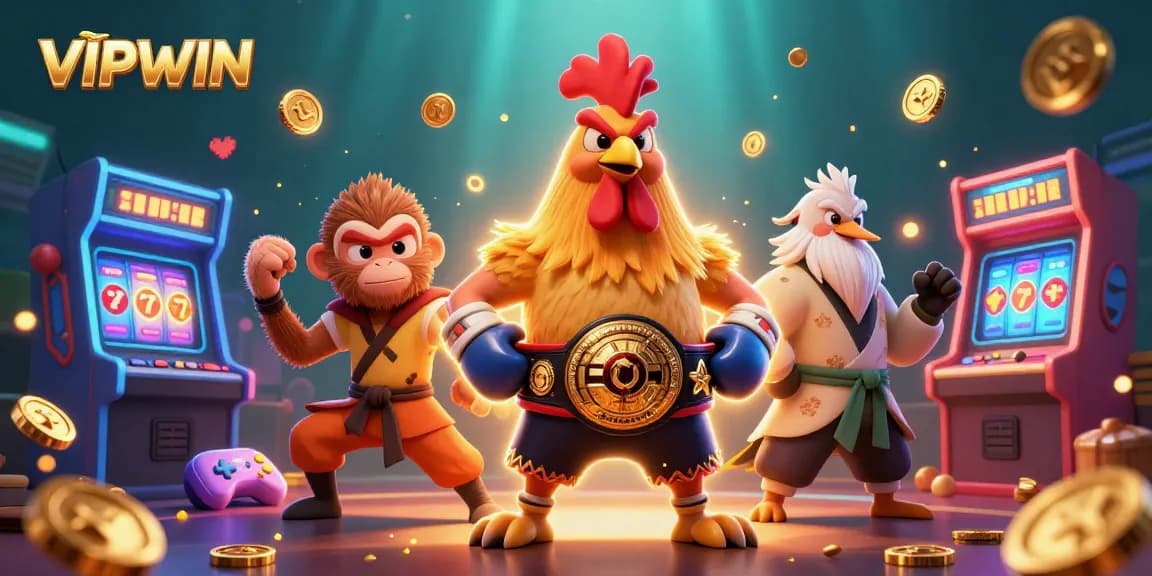Engage in thrilling gameplay at VIPWIN with dynamic characters amidst vibrant slot machines and game elements.