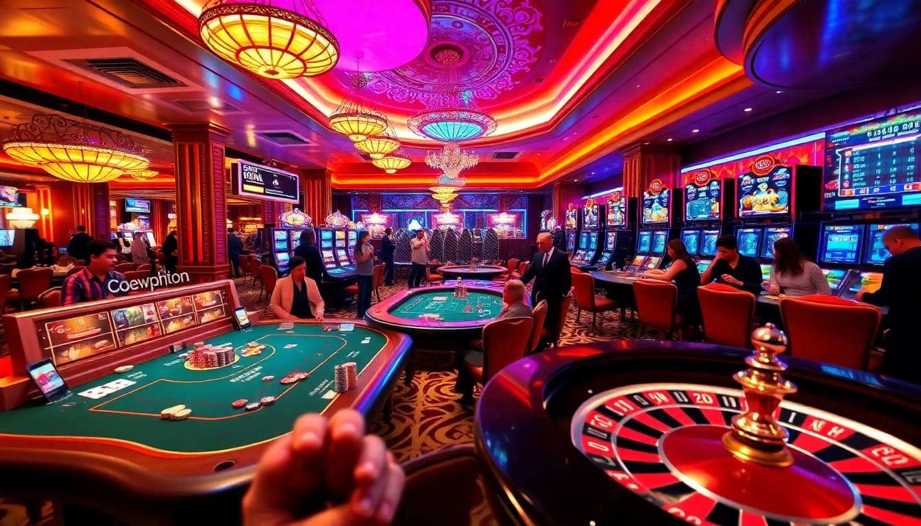 Players enjoying a thrilling casino experience at newphim, surrounded by vibrant poker tables and slot machines.