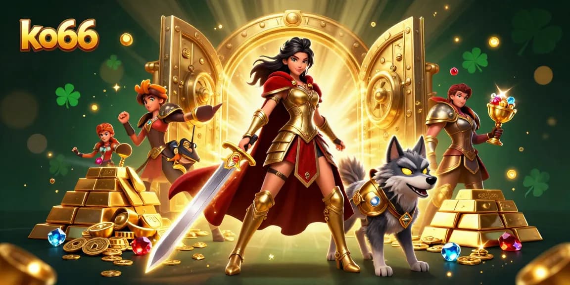 Engage with the thrilling scene of ko66 featuring a warrior queen and her armored wolf in an immersive casino realm.