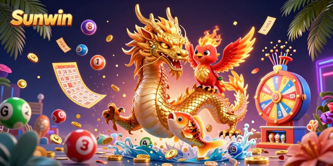 Experience the thrill of Sunwin with a vibrant casino scene featuring a dragon, phoenix, and koi fish.