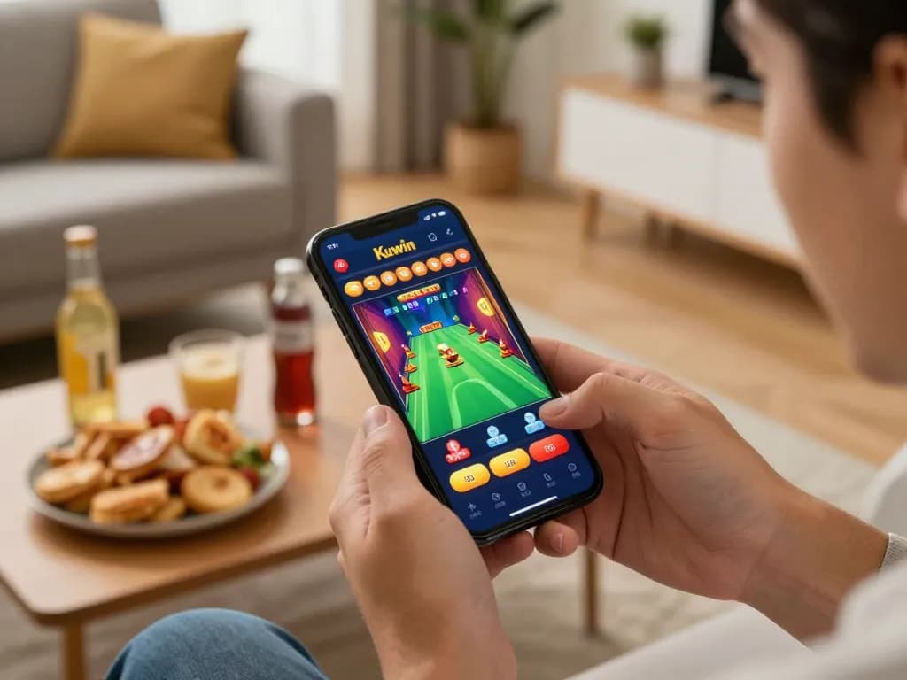 Kuwin online gambling experience with a player engaged in mobile betting, enjoying a cozy home environment.