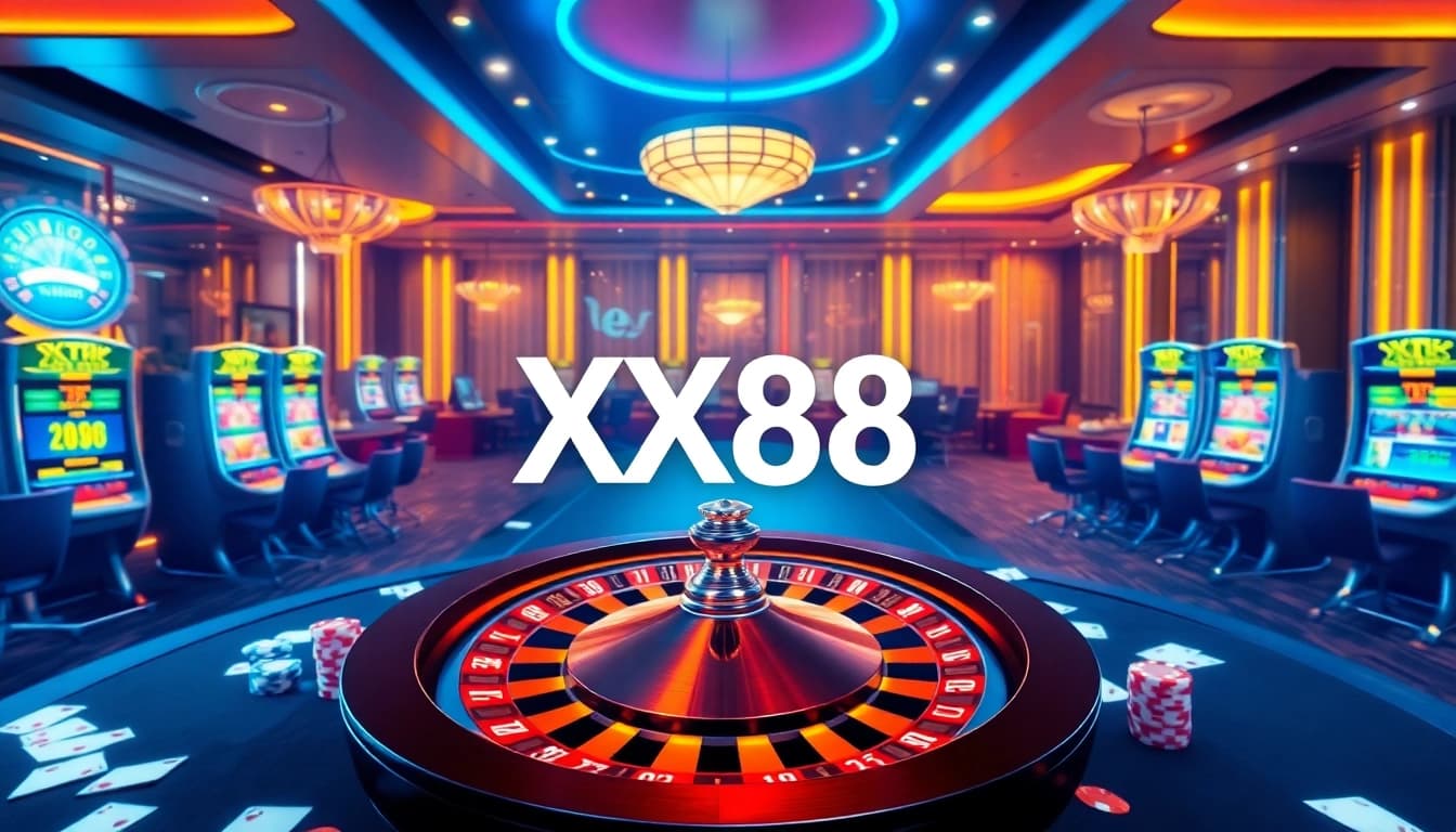Experience the thrill at XX88 with stunning casino visuals featuring roulette and slot machines.