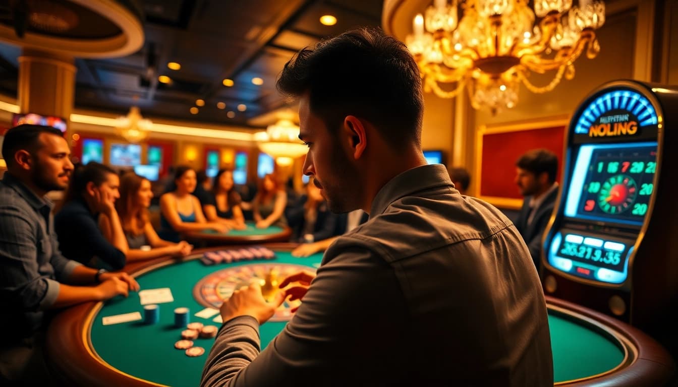 Action-packed poker game at Nhà cái Hitclub with vibrant chips and cards.
