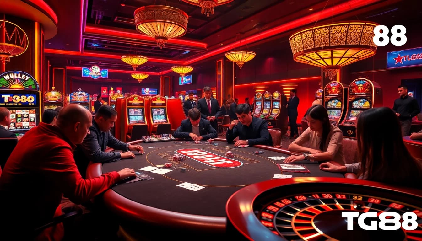 Experience the excitement of gambling at TG88 poker tables with vibrant casino elements.