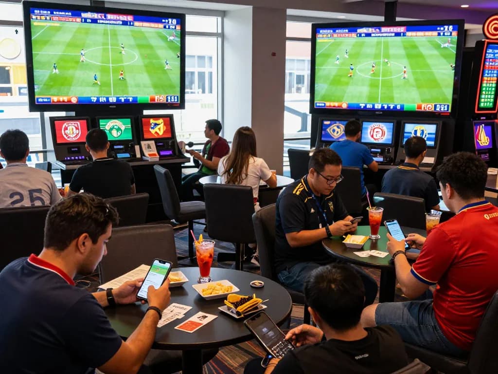 Excited bettors engaging in kèo bóng đá bets while watching live soccer matches in a vibrant casino.