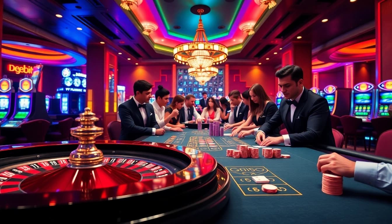 A lively casino scene at https://debet.br.com/ showcasing vibrant roulette and engaged players encircled by poker chips and glamorous decor.
