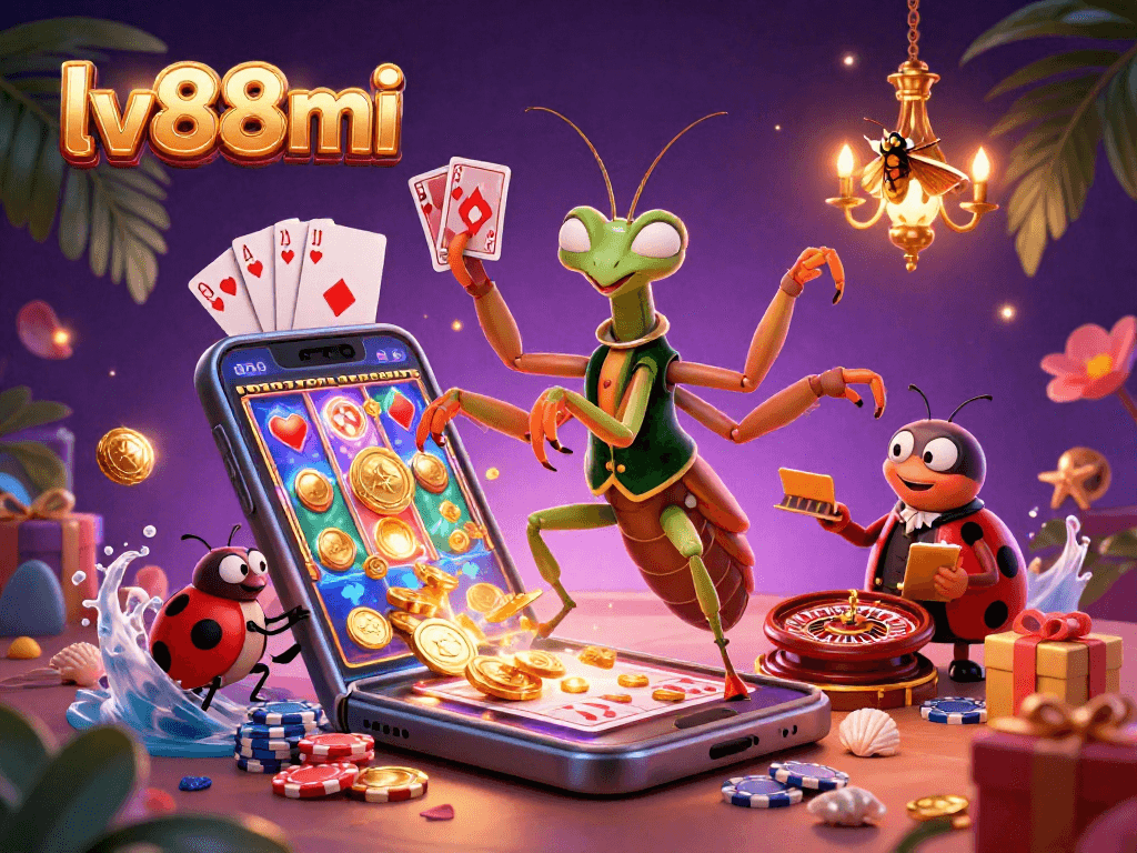 Engage with lv88mi's exciting casino world, showcasing a lively 3D casino scene with vibrant characters and games.