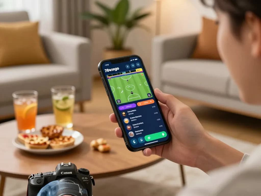 Player engaging with the 78wingo app while betting on sports at home, creating an exciting atmosphere.