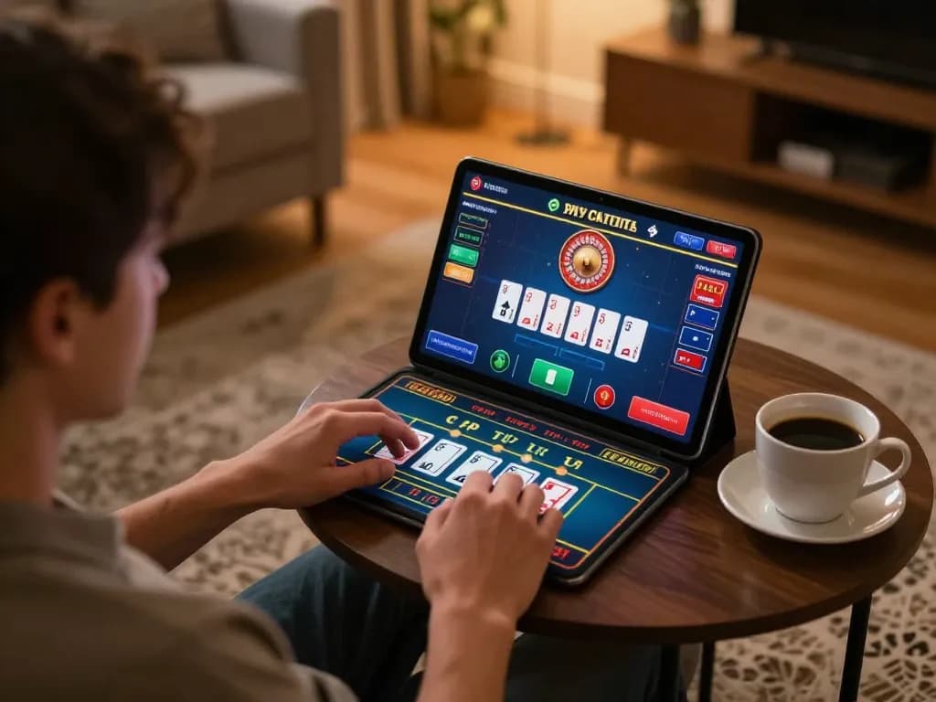 Engaging in live betting on https://kp88.email/ showcasing a tablet with dealer game interface, cozy home atmosphere.