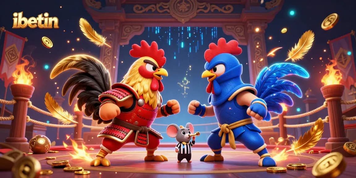 Experience intense betting action with ibetin's thrilling fighting roosters showdown, vibrant casino elements, and dynamic gold particles.